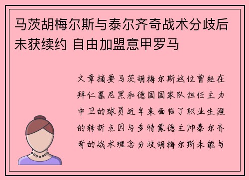 马茨胡梅尔斯与泰尔齐奇战术分歧后未获续约 自由加盟意甲罗马 马茨胡梅尔斯与泰尔齐奇战术分歧后未获续约 自由加盟意甲罗马