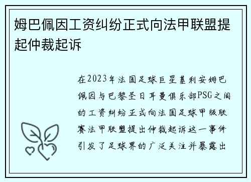 姆巴佩因工资纠纷正式向法甲联盟提起仲裁起诉 姆巴佩因工资纠纷正式向法甲联盟提起仲裁起诉
